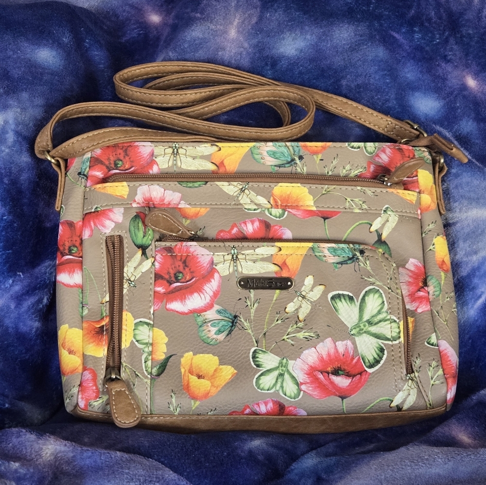 Cream and Red Floral Crossbody Bag with Adjustable Strap